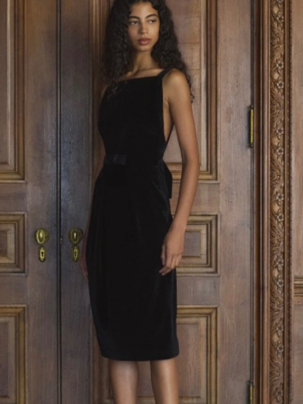 DÔEN Chanselle Black Cotton Velvet Midi Dress NWT Open Back Bow M
